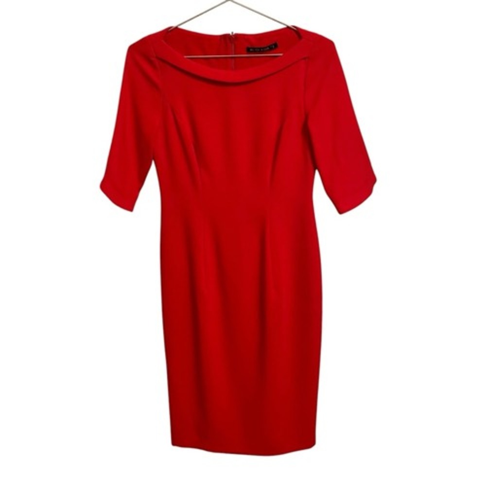 Black Halo Jackie O Red Cowl Neck Sheath Dress Size 2 Elbow Sleeve Knee Length